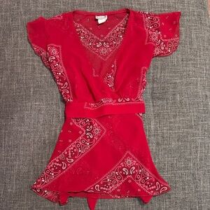 Vintage Y2K Rave Red Bandana Print Wrap Top – Made in USA